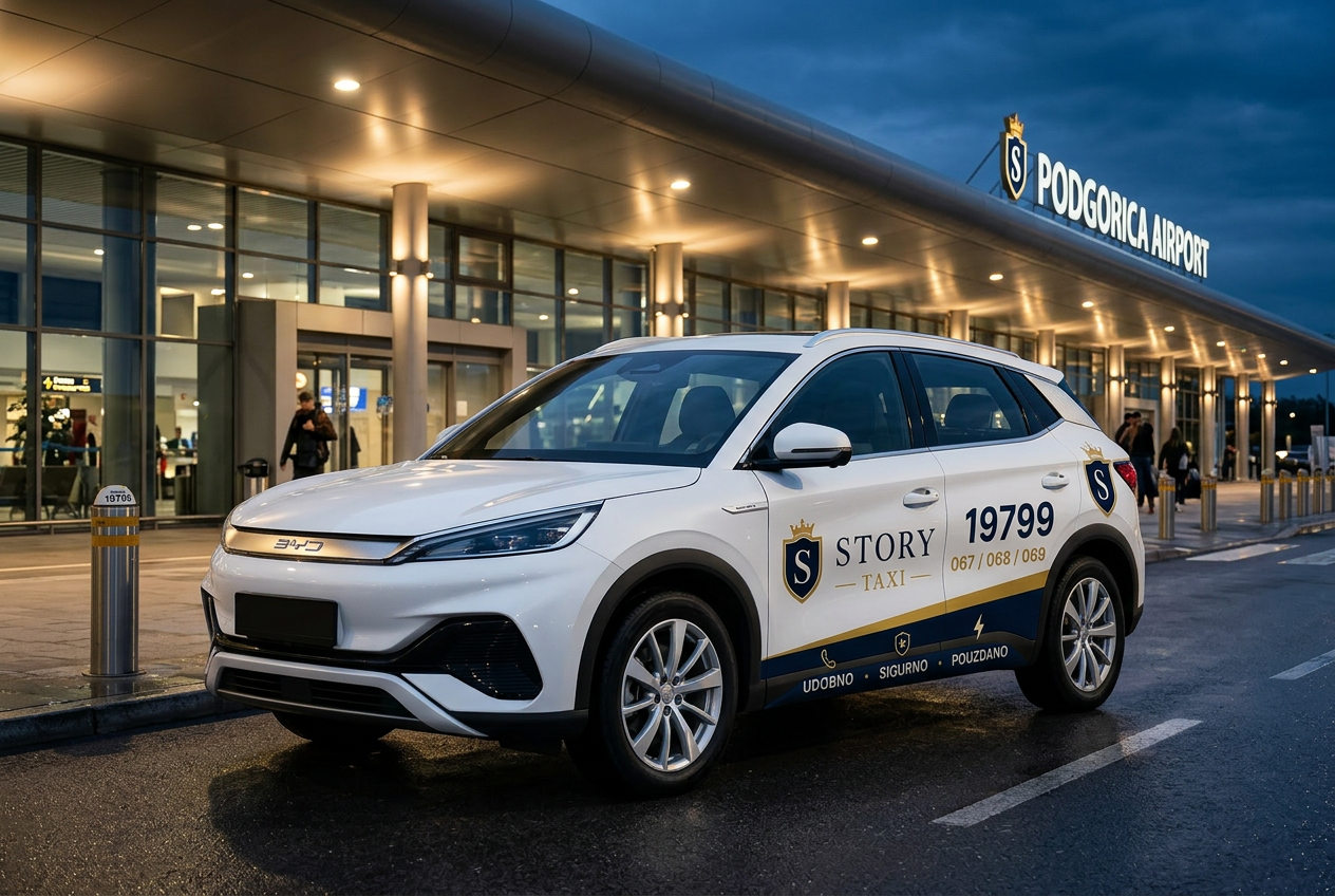 Story Taxi premium electric vehicle at luxury hotel entrance